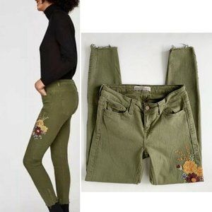 Green Stretch Floral Embroidered Jeans Raw Hem 2